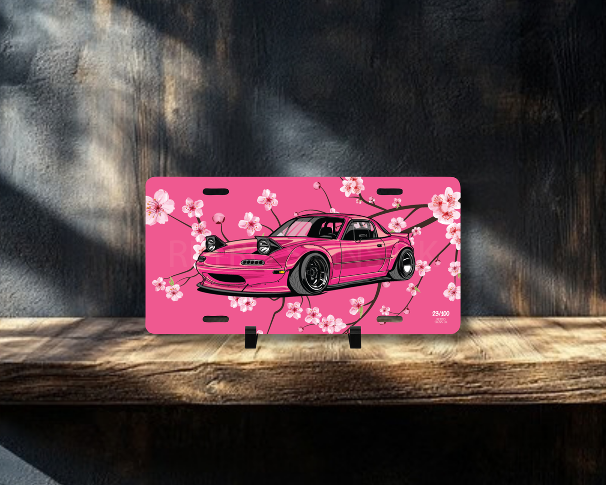 Pink MX5 Miata Blossom Licence Plate Wall Art | Premium Aluminium Car Sign