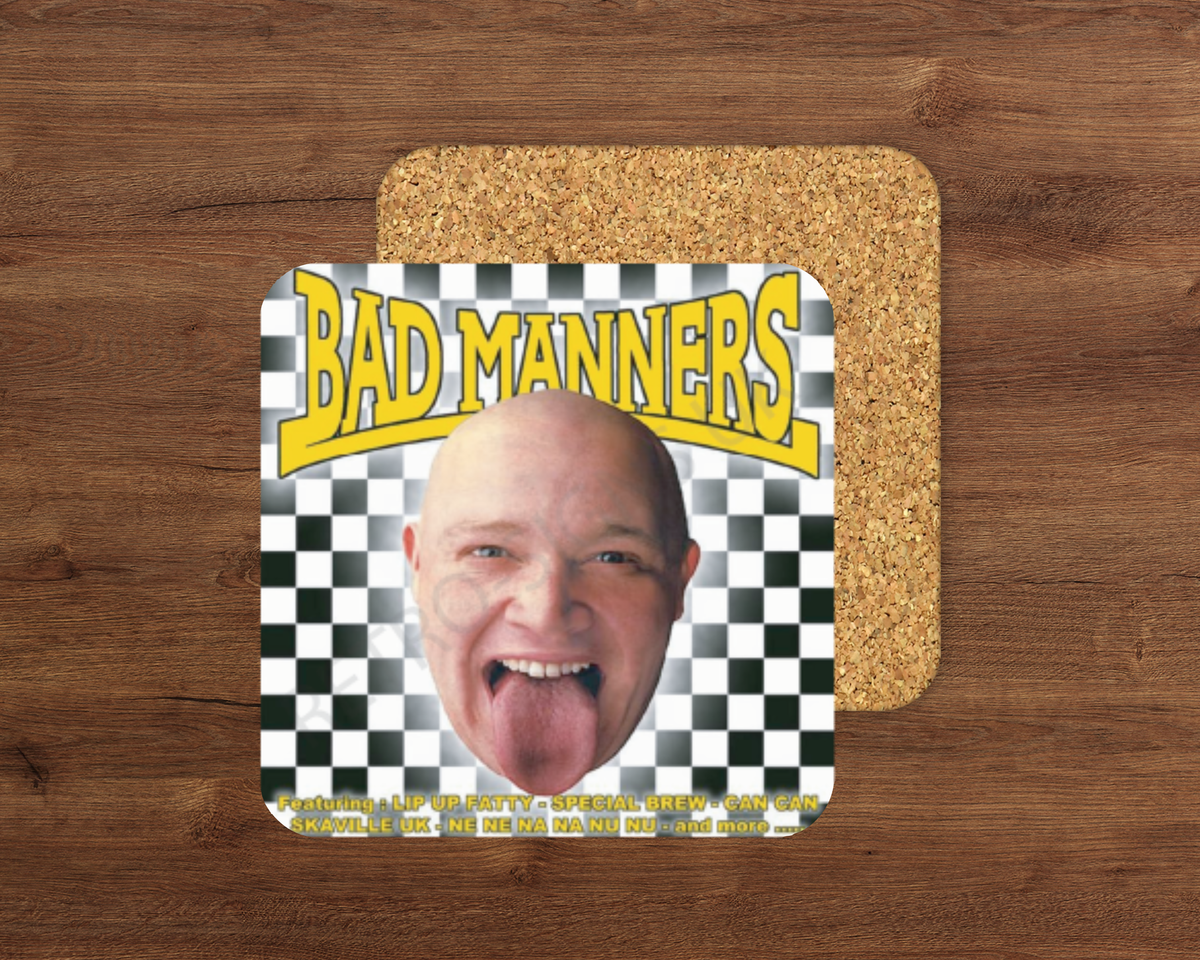 Bad Manners glossy cork-backed drink coaster by Retro Signs UK