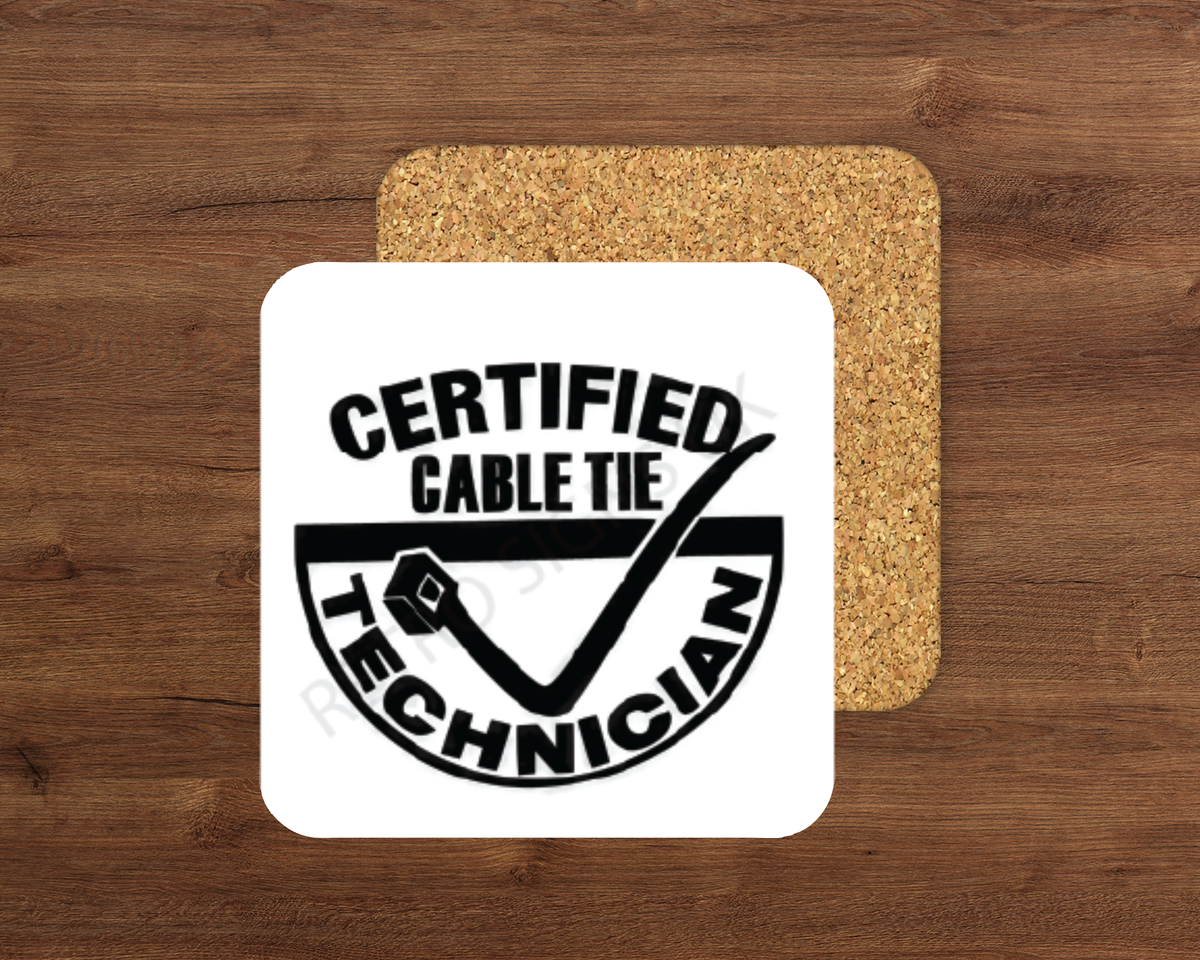 Certified Cable Tie Technician glossy cork-backed square coaster