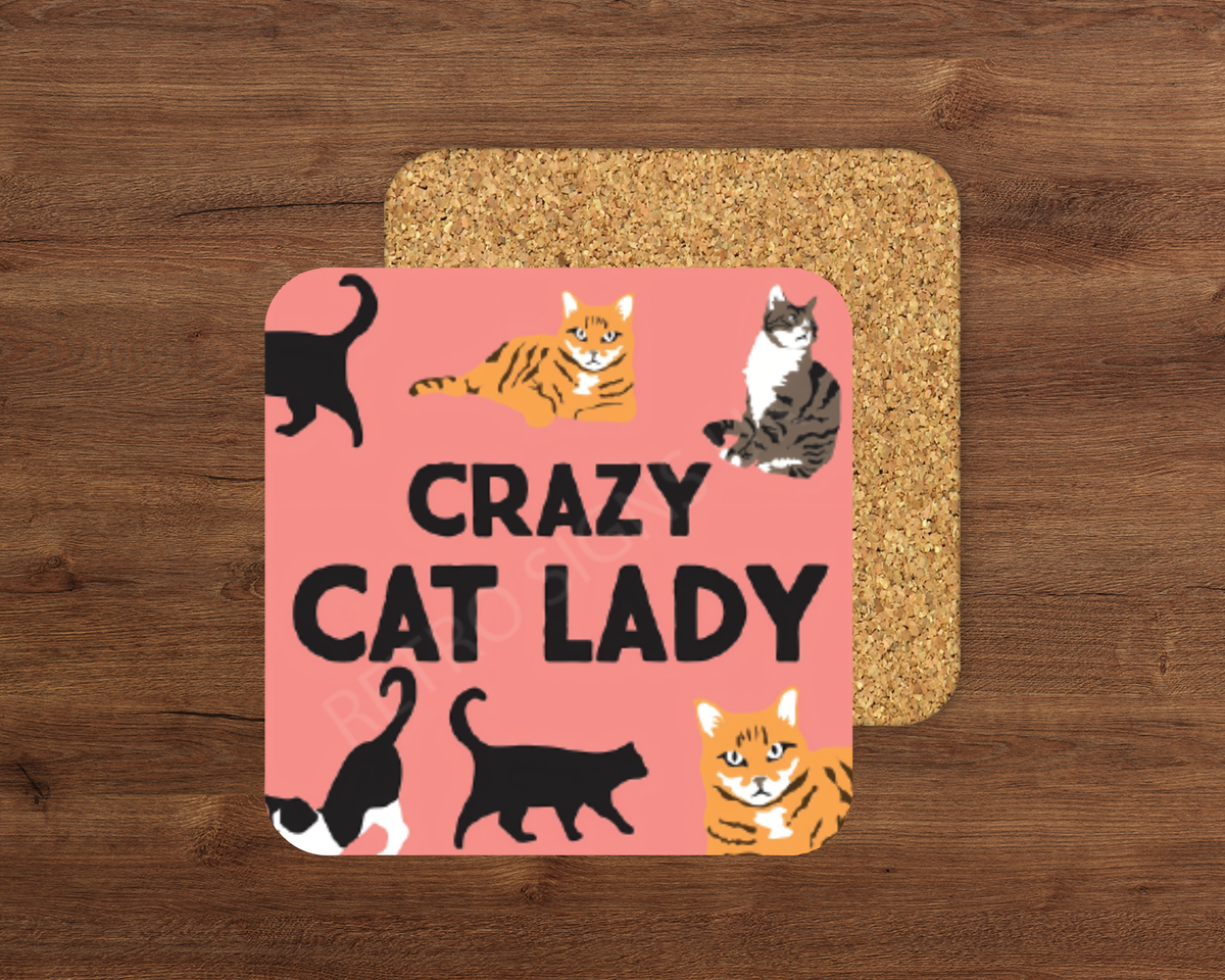 Crazy Cat Lady glossy cork-backed square coaster