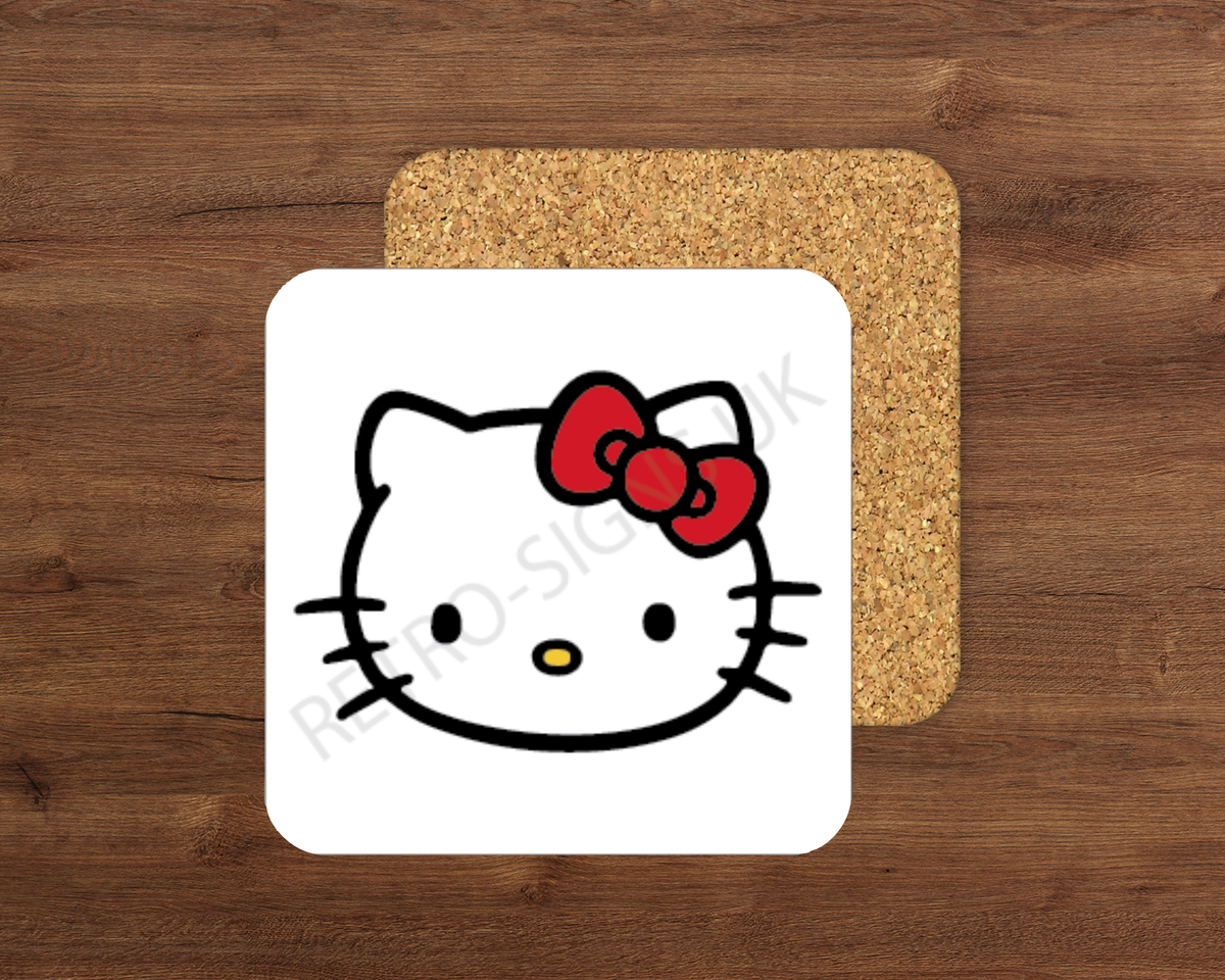 Kitty glossy cork-backed drink coaster by Retro Signs UK