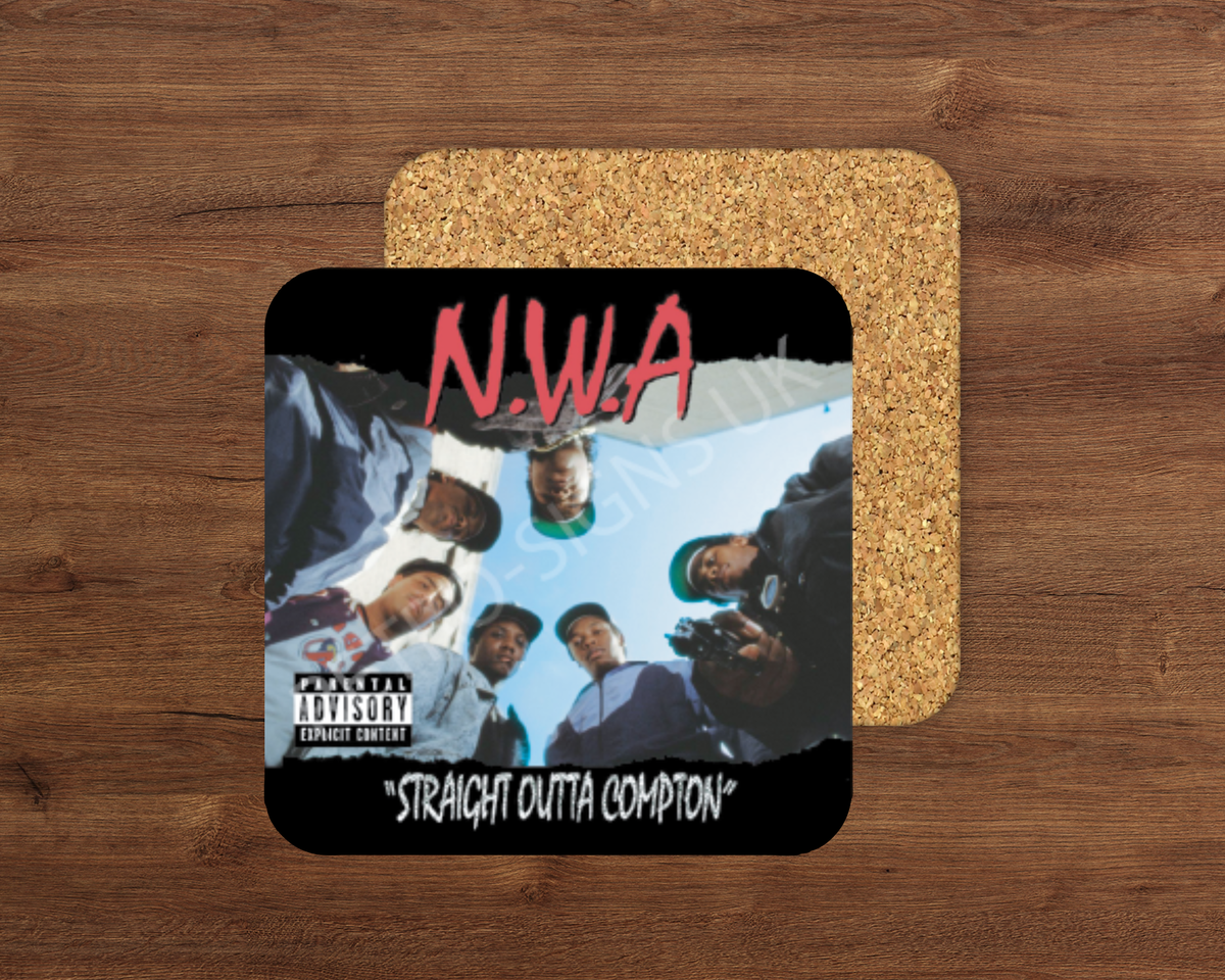 NWA Straight Outta Compton glossy cork-backed drink coaster by Retro Signs UK