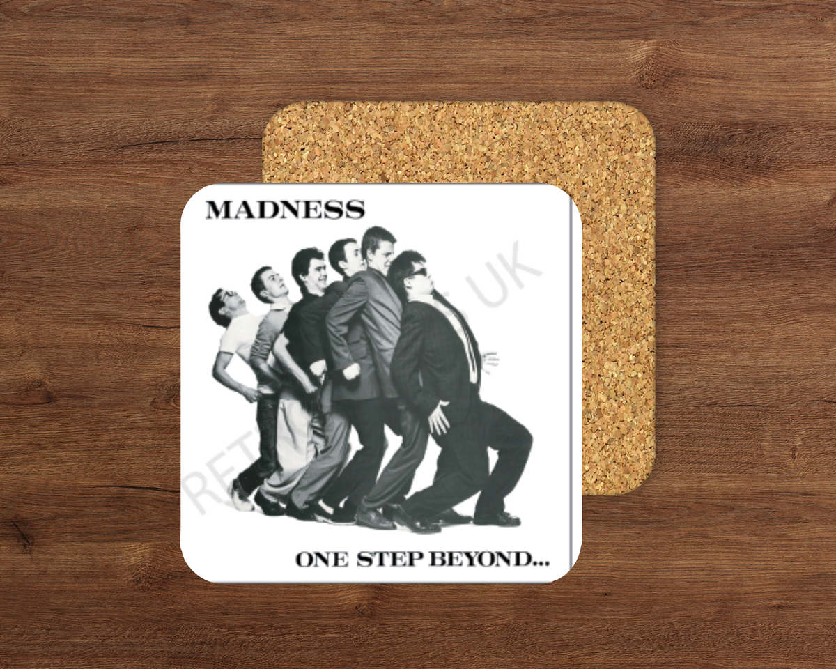 One Step Beyond glossy cork-backed drink coaster by Retro Signs UK