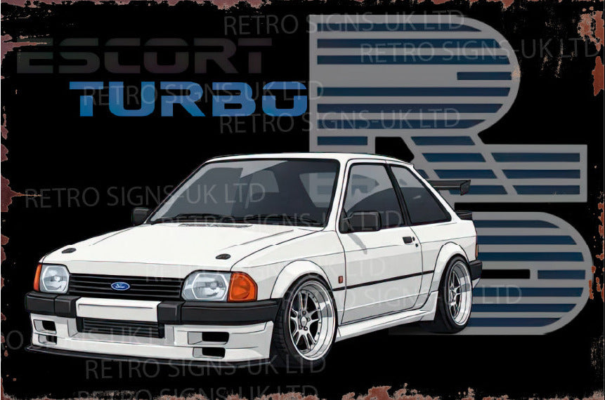 A rectangular metal tin sign featuring a white Ford Escort RS Turbo car on a black background with distressed rust-style edges. The sign includes stylized text reading 'Escort Turbo' and a large 'RS' graphic.