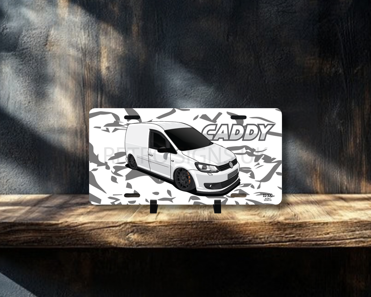 White Caddy Licence Plate Wall Art | Premium Aluminium Car Sign