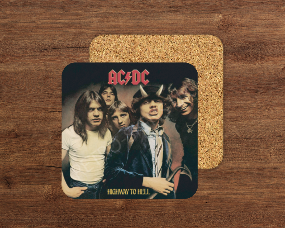 AC/DC Highway to Hell glossy cork-backed drink coaster by Retro Signs UK