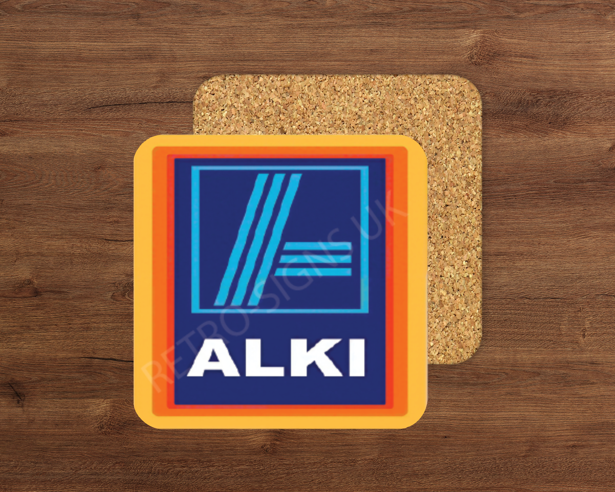 Alki glossy cork-backed drink coaster by Retro Signs UK