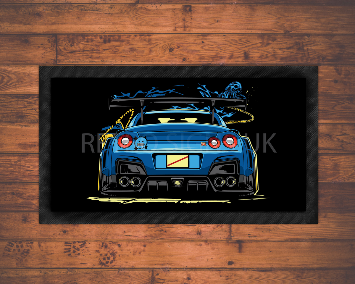 Blue GT-R Rear View Bar Runner – 44 x 25 cm non-slip rubber-backed bar mat