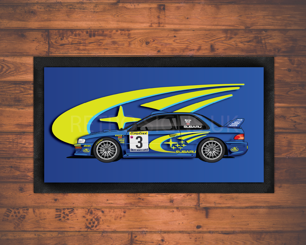Blue Impreza Rally Car Bar Runner – 44 x 25 cm non-slip rubber-backed bar mat
