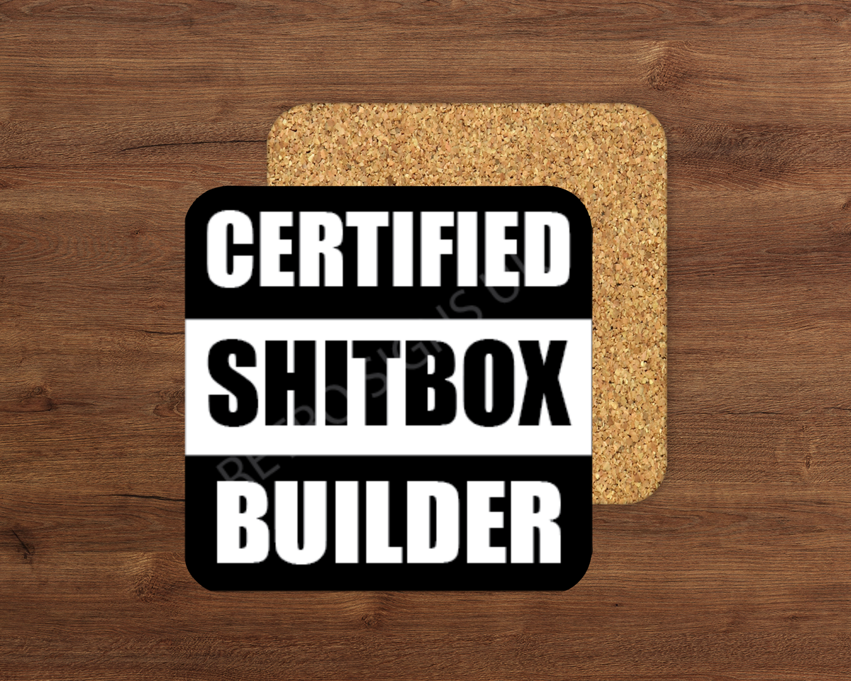 Certified Shitbox Builder glossy cork-backed square coaster