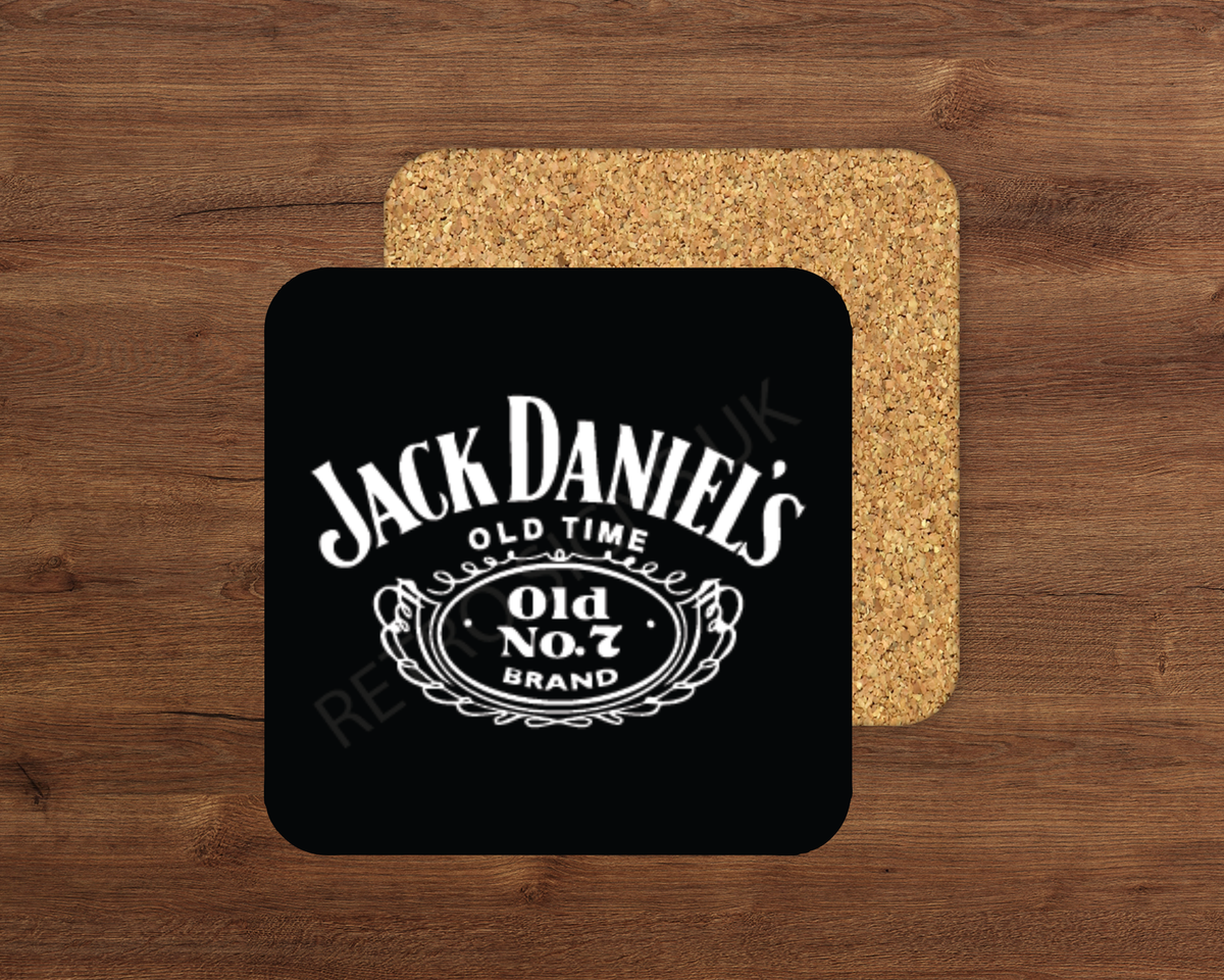 JD Black glossy cork-backed square coaster