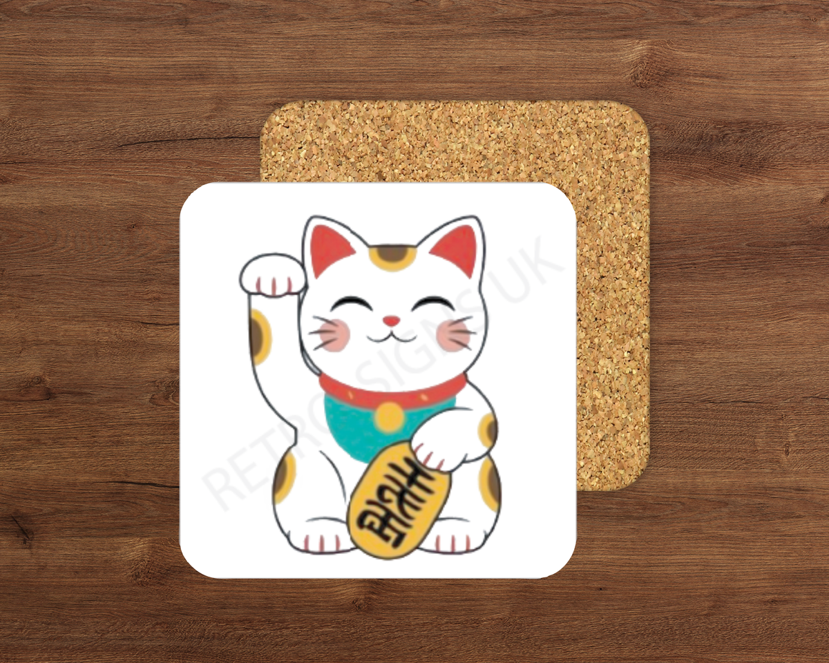 Lucky Cat – Cork Backed Coaster 10x10cm