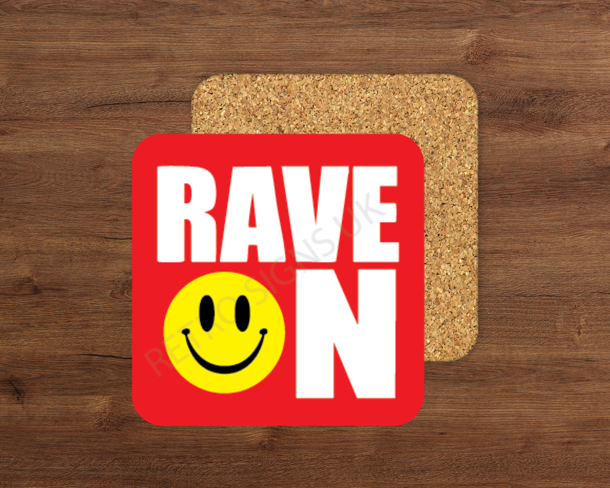 Rave On glossy cork-backed square coaster