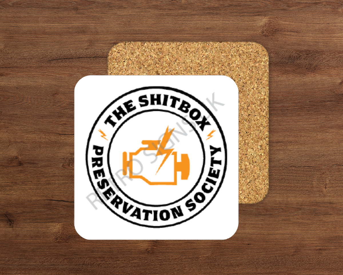 Shitbox Preservation Society glossy cork-backed square coaster