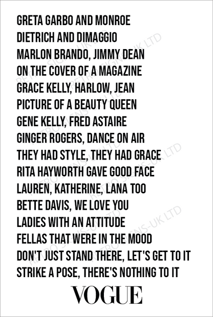 Vogue Lyrics - Aluminium Metal Sign 20x30cm