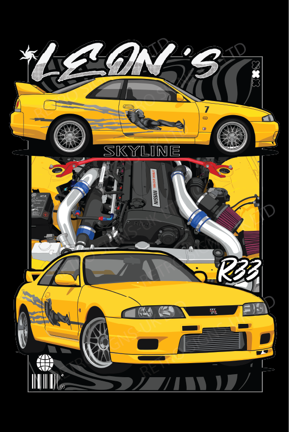 Yellow Nissan Skyline R33 GT-R Leon Fast and Furious Metal Sign