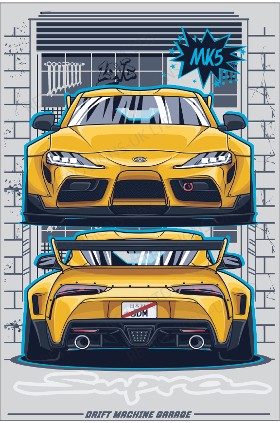 Yellow Toyota GR Supra Mk5 Drift Machine Garage Metal Sign