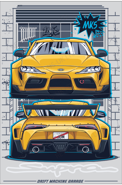 Yellow Toyota GR Supra Mk5 Drift Machine Garage Metal Sign