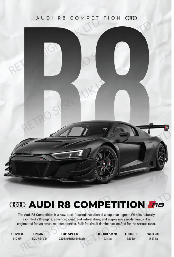 Black Audi R8 Writing – Aluminium Metal Wall Sign 20 x 30cm