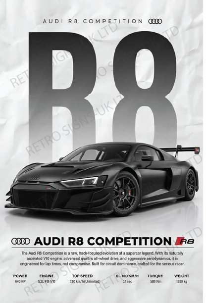 Black Audi R8 Writing – Aluminium Metal Wall Sign 20 x 30cm