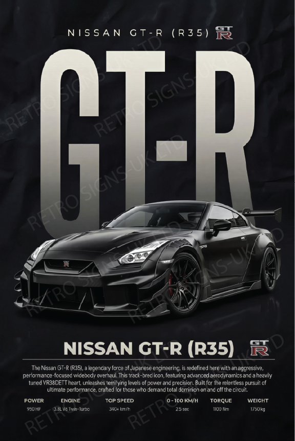 Black Gtr R35 Writing – Aluminium Metal Wall Sign 20 x 30cm
