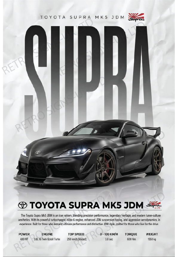 Black Supra Mk5 Writing – Aluminium Metal Wall Sign 20 x 30cm