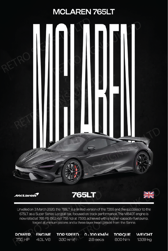 McLaren 765lt Writing – Aluminium Metal Wall Sign 20 x 30cm
