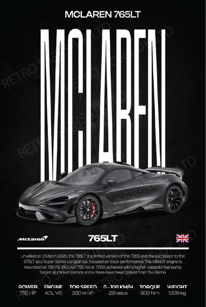 McLaren 765lt Writing – Aluminium Metal Wall Sign 20 x 30cm