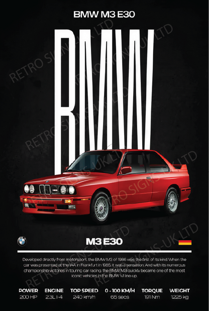 Red Bmw E30 Writing – Aluminium Metal Wall Sign 20 x 30cm