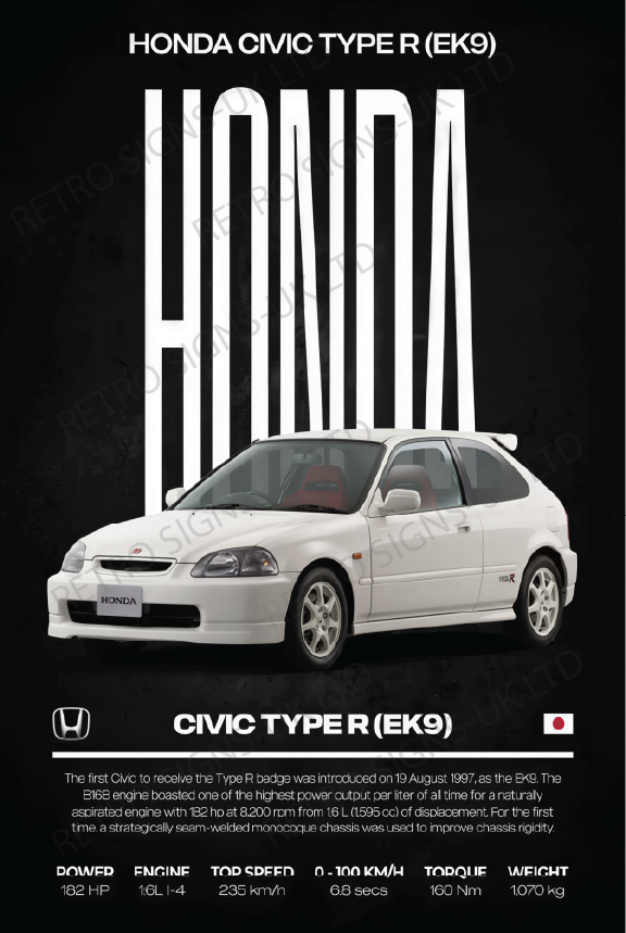 White Civic Ek9 Writing – Aluminium Metal Wall Sign 20 x 30cm